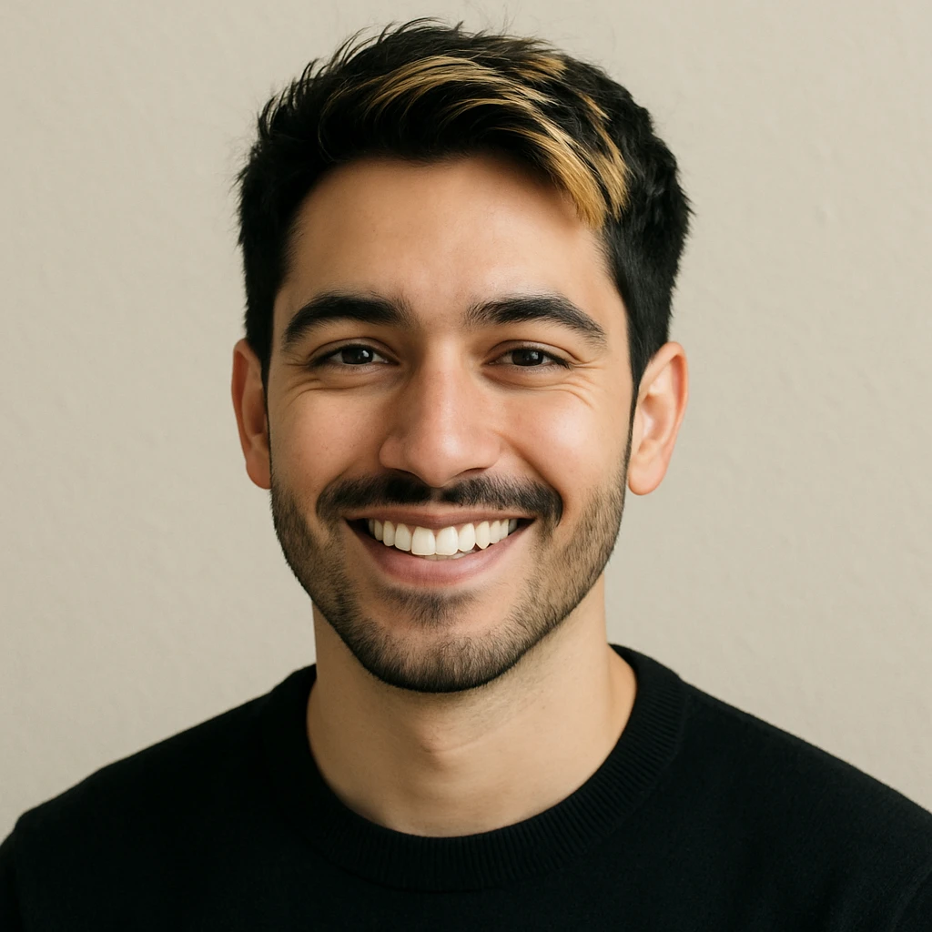 smiling man with black hair and blonde highlights, head and shoulders, simple background emoji