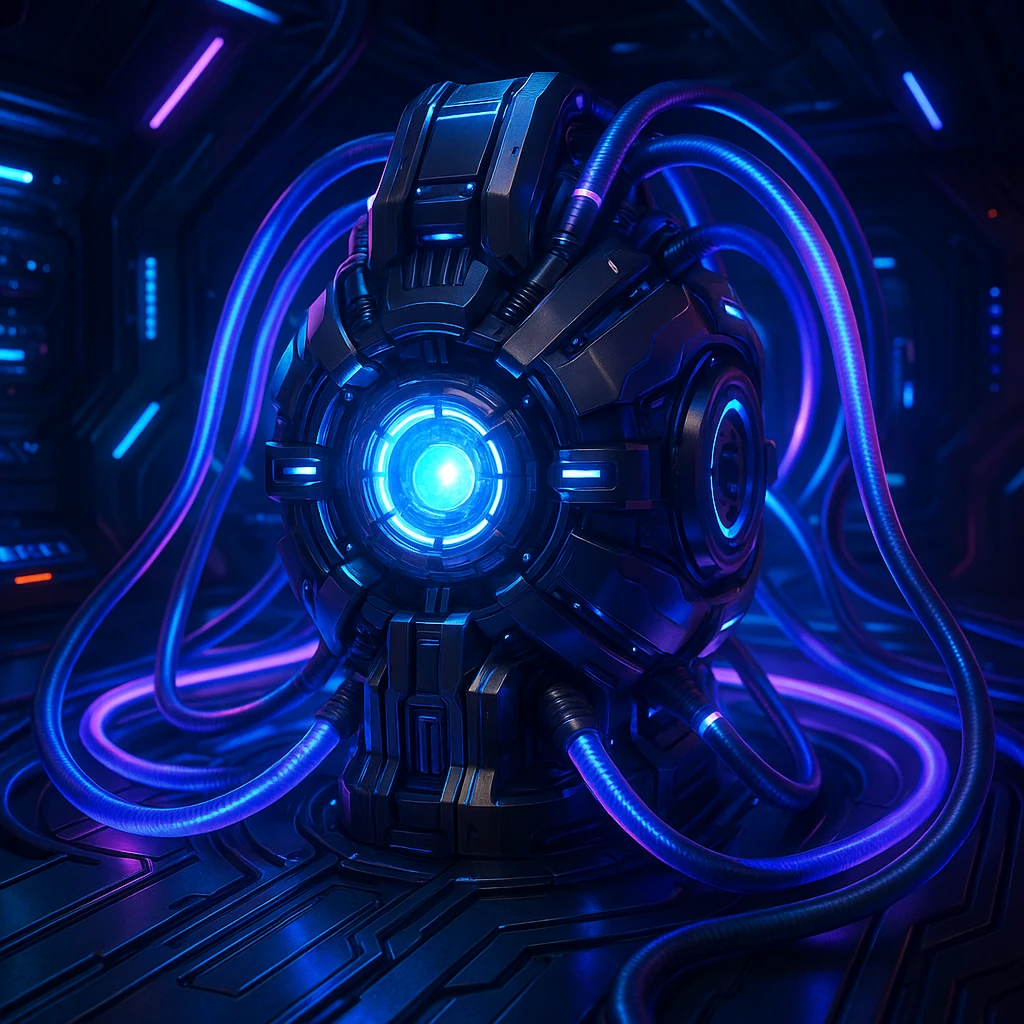 hyperdrive core for a starship, compact and powerful, surrounded by cables and lights, high-tech look emoji