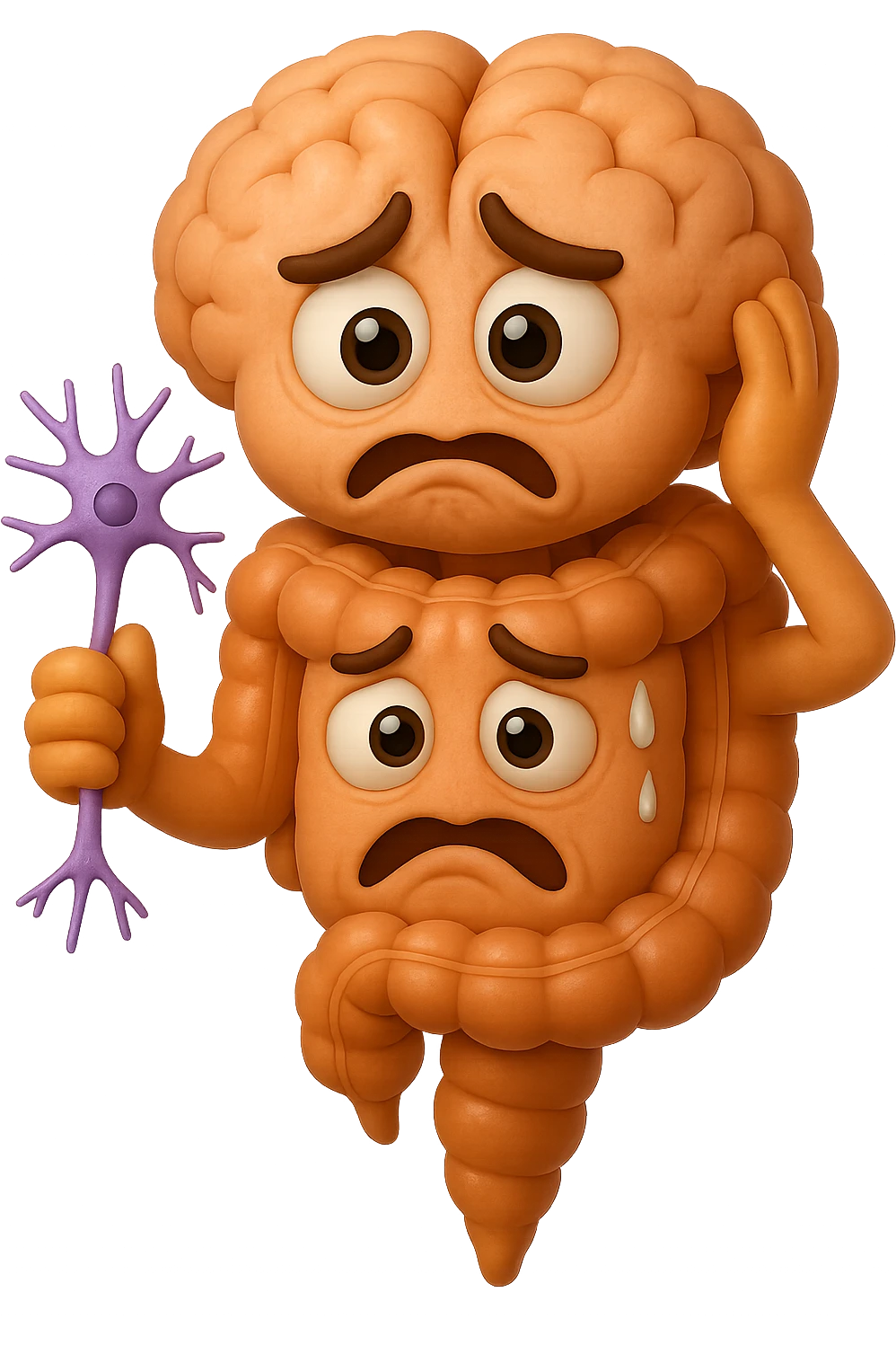 EMOJI STILE IPHONE DI UN INTESTINO collegato verticalmente ad un cervello mentre tiene in mano un neurone, espressione stressata, IPERREALISTICO 4K emoji