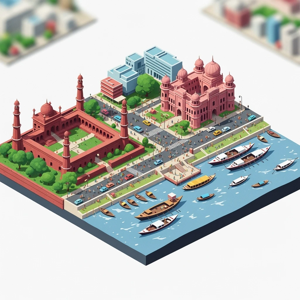 Isometric minimalistic illustration of Dhaka – Lalbagh Fort, Ahsan Manzil, bustling river boats, dirty colorful streets, subtle 3D miniature effect and Tilt Shift effect, no cartoonish look, transparent background. emoji