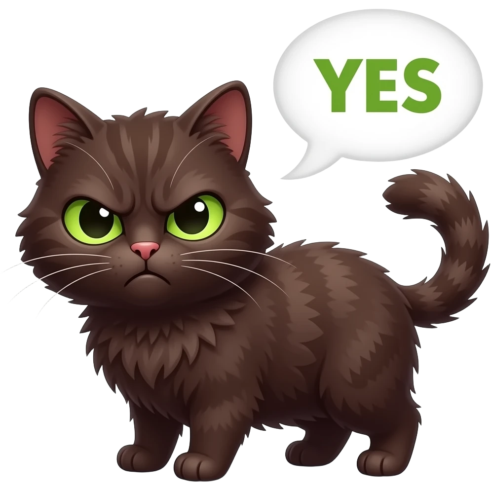 Cute annoyed grumpy dark brown scrunkly cat with green eyes saying “YES” in green letters inside a speech bubble emoji