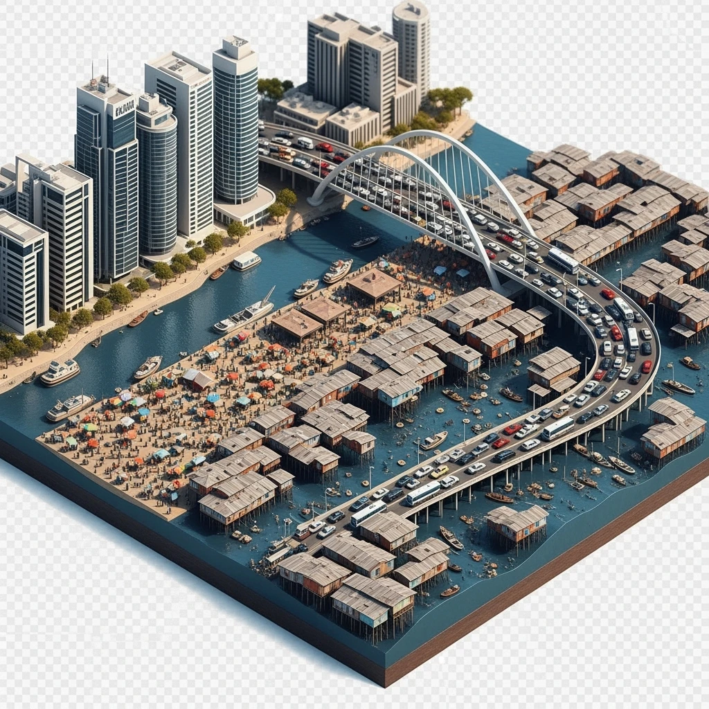 Isometric miniature of Lagos Lekki-Ikoyi Bridge, Eko Atlantic skyscrapers, Makoko slums, tin-roof shacks, chaotic markets, gridlocked traffic, 3D miniature effect and Tilt Shift effect, no cartoonish look, transparent background, don't cut angles emoji