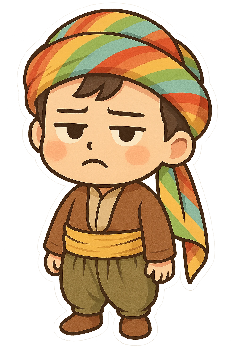 Cartoon sticker of a Kurdish child wearing traditional Kurdish child clothing, colorful and cheerful style. The face should have a bored and frowning expression similar to the 😒 emoji. No text, suitable for WhatsApp and Instagram, with a transparent background. emoji