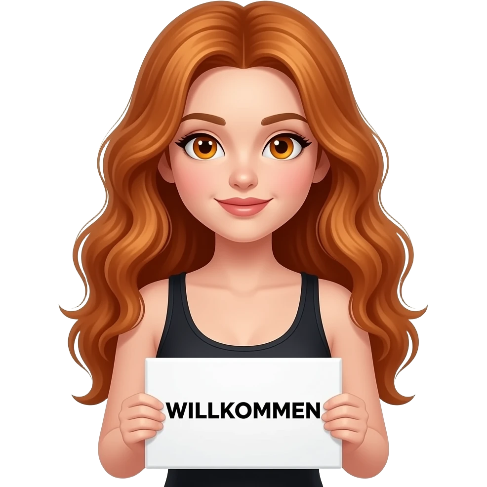 sexy girl with long wavy ginger hair and ginger eyes wearing a black tanktop is holding a white sign with WILLKOMMEN written on it emoji