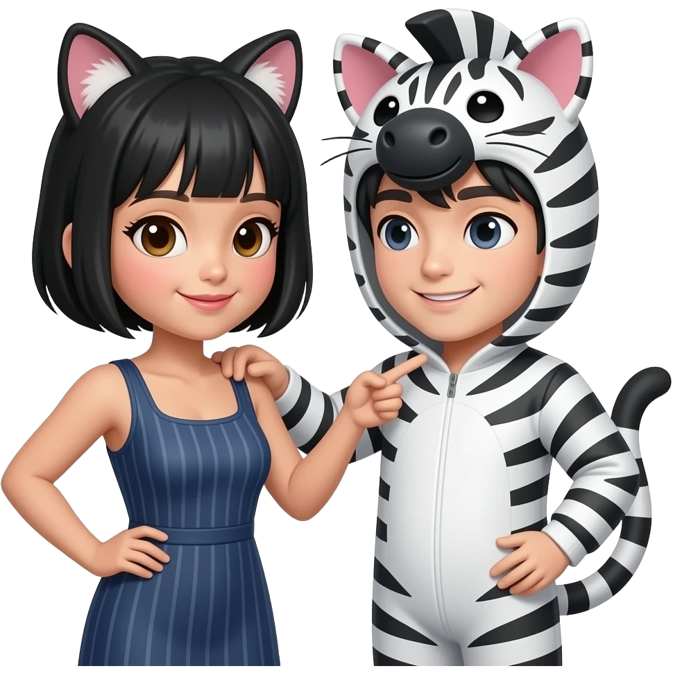 zebra cosplay korean guy is teasing cat cosplay filipina girl. she has short black hairs and light brown skin. and he has black short hairs and white skin. emoji