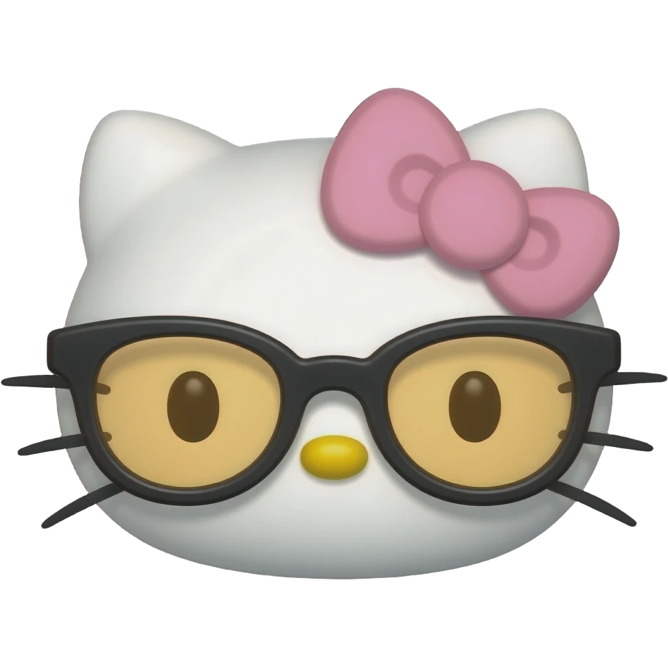 A minimalist Apple-style emoji of Hello Kitty's face. She has no mouth, small whiskers, a yellow nose, and is wearing thick-rimmed black glasses with amber lenses and a light pink bow, centered on a solid black background emoji