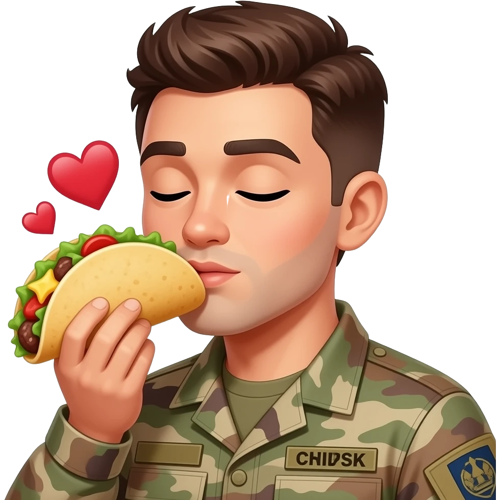 Male Soldier romantically kissing taco with heart eyes emoji