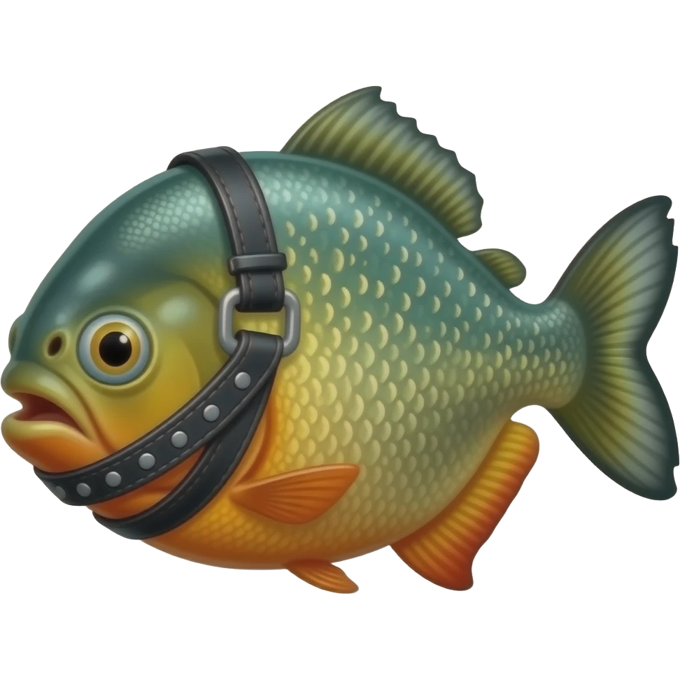 Teal and orange Piranha wearing black leatherand a gag in his mouth emoji