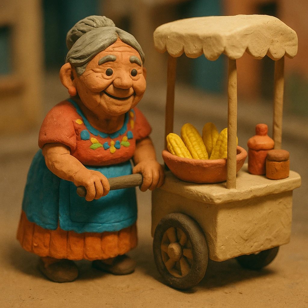 old Mexican lady pushing a food cart, warm and friendly, traditional dress, vibrant colors, street vendor, detailed, no text, claymation style emoji