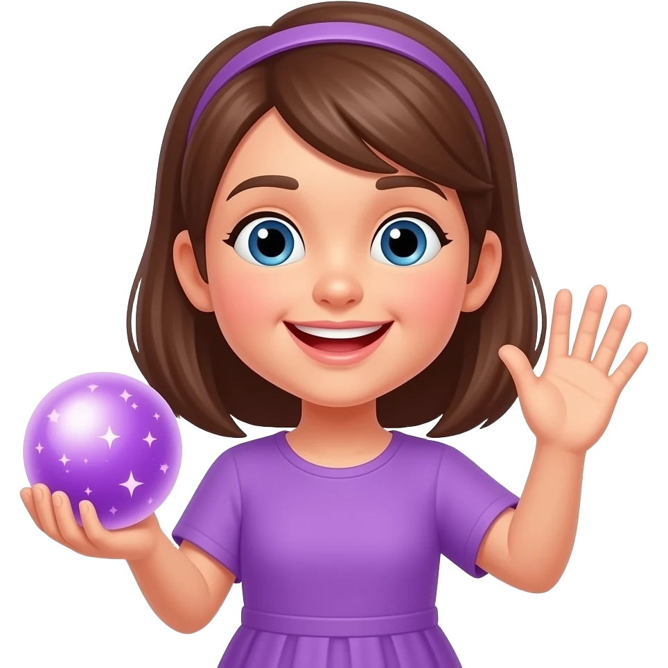 Счастливая девушка держит магический  шар и махает рукой  в фиолетовой одежде emoji