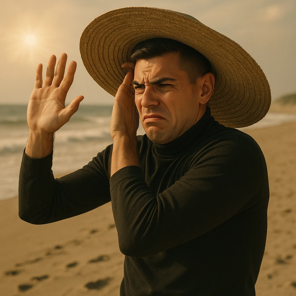 Create a symbolic 4k realistic scene outdoors on a beach showing a man with a large hat and worried expression, shielding himself from natural, warm sunlight. The man looks tense and defensive, as if trying to protect himself from the sun. Use muted colors and expressive body language, symbolizing misunderstanding about sunlight and health. Use the reference image for facial features and general appearance. emoji