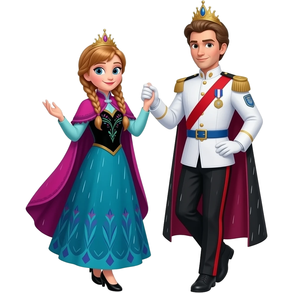 Elsa and Anna arendelle from disney frozen movie are same wearing gold tiara white military tunic arm badge shoulder cord medal red sash blue belt black trouser with both side red stripe white shoes and they both dancing in sunset rain of city emoji
