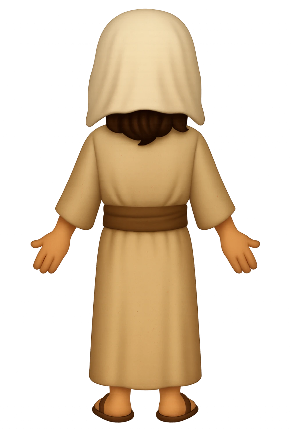 Create a back view, centered full body image of Apostle Peter in classic emoji style. He is facing away, smiling, with a full beard, wearing the same clothing as the reference image: a robe with a brown sash and head covering, with long sleeves. No background. The style should mimic classic emoji style. emoji