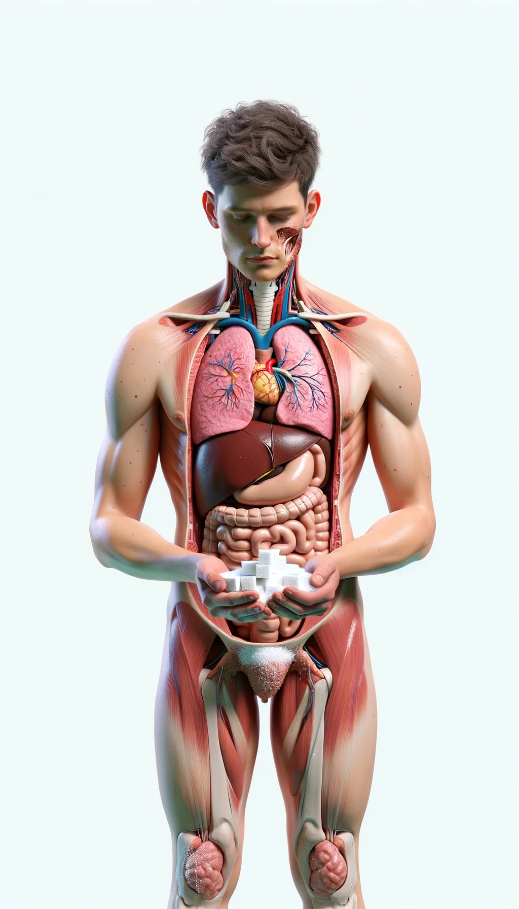 corpo umano anatomico con capelli corti a figura intera fino alle ginocchia, organi e tiroide infiammata in evidenza, tiene in mano una manciata di zollette di zucchero, iperrealistica 4k, isolato su sfondo bianco emoji