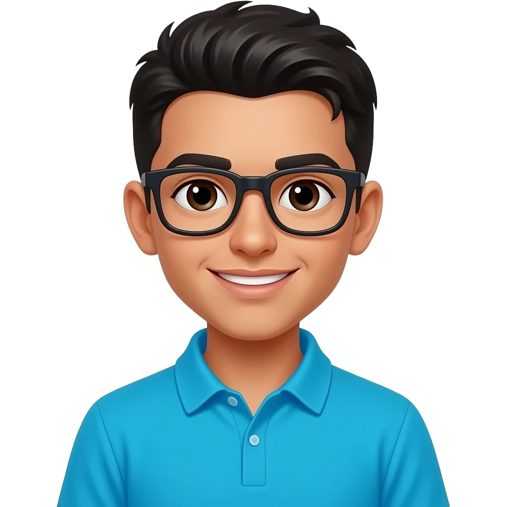 A boy with a Arab skin, black and verry verry short hair,and a bleu cyan polo And with glasses black emoji