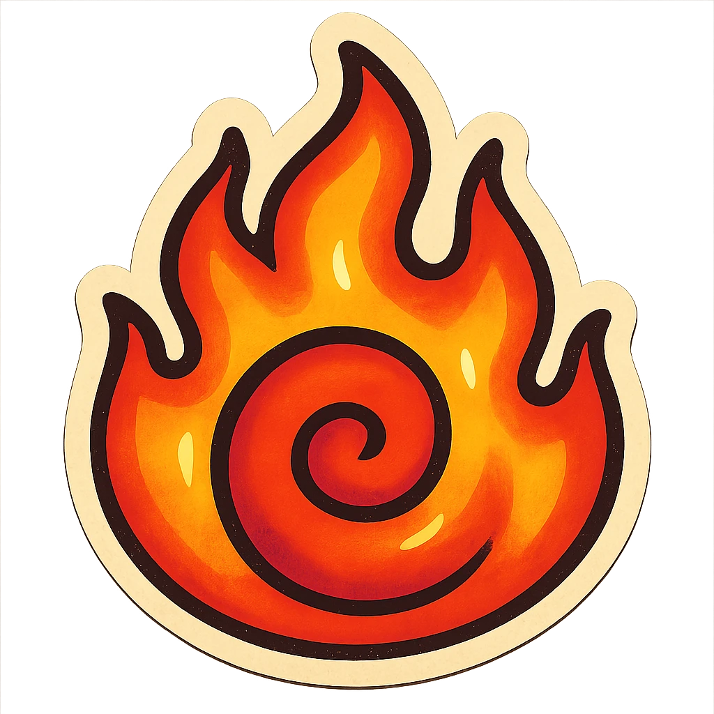 retro sticker style drawing of a flame with a spiral core, bold outlines, juicy colors, dramatic highlights and shadows, whimsical and fun fire emoji