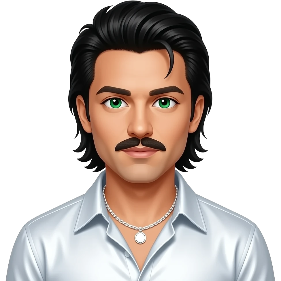 Kevin Richardson from Backstreet Boys with green eyes, long black 90s slick back hair and mustache, white metallic shirt, white necklace emoji