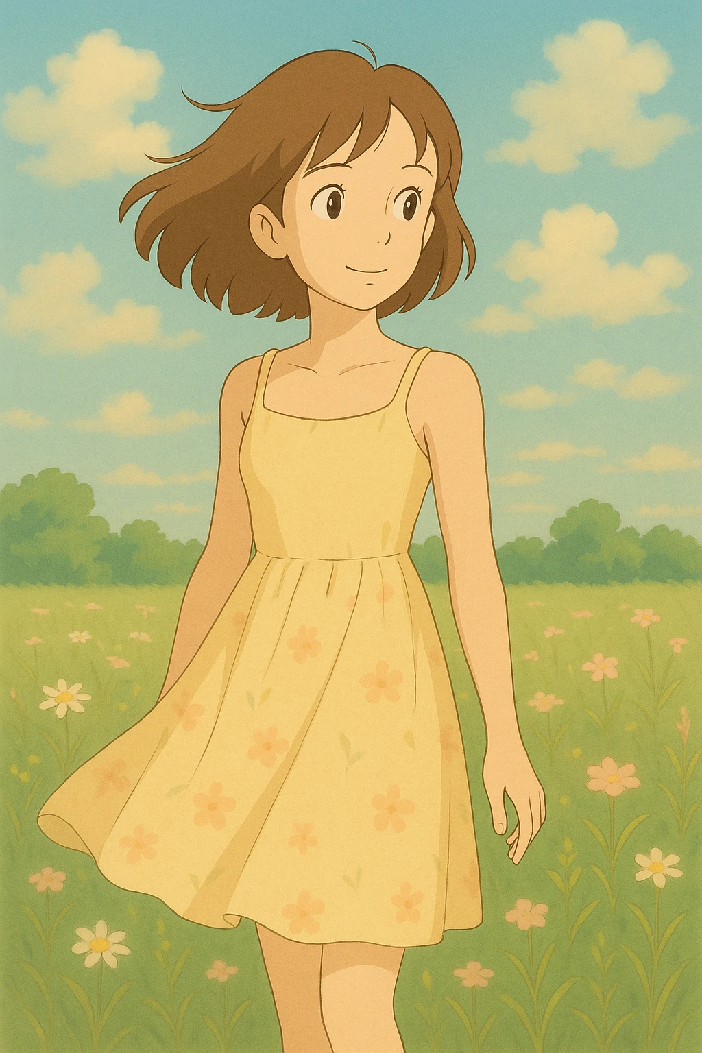 Make the dress butter yellow with thin straps, keep the ghibli style, soft colors, gentle lighting. emoji