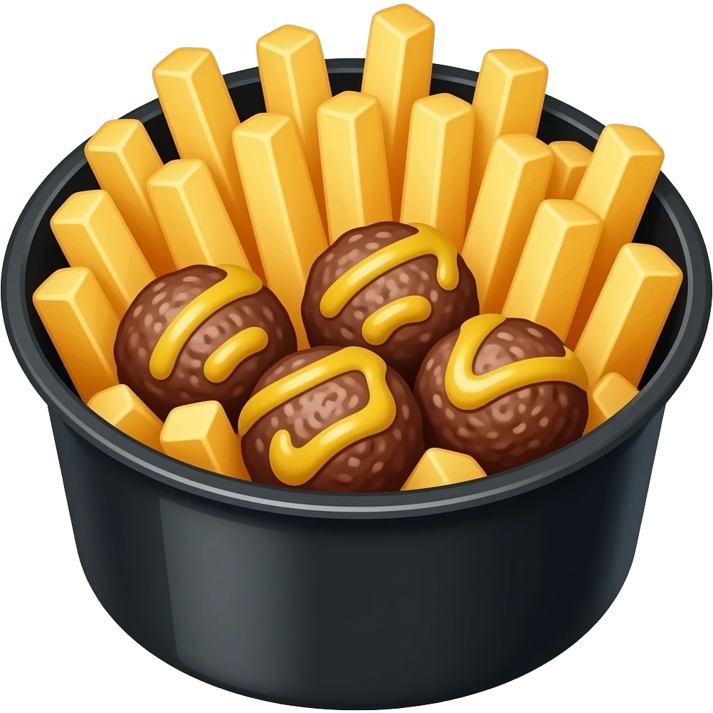 french fry and meat and meatballs mixed together with mustard sauce in a black round plastic box emoji
