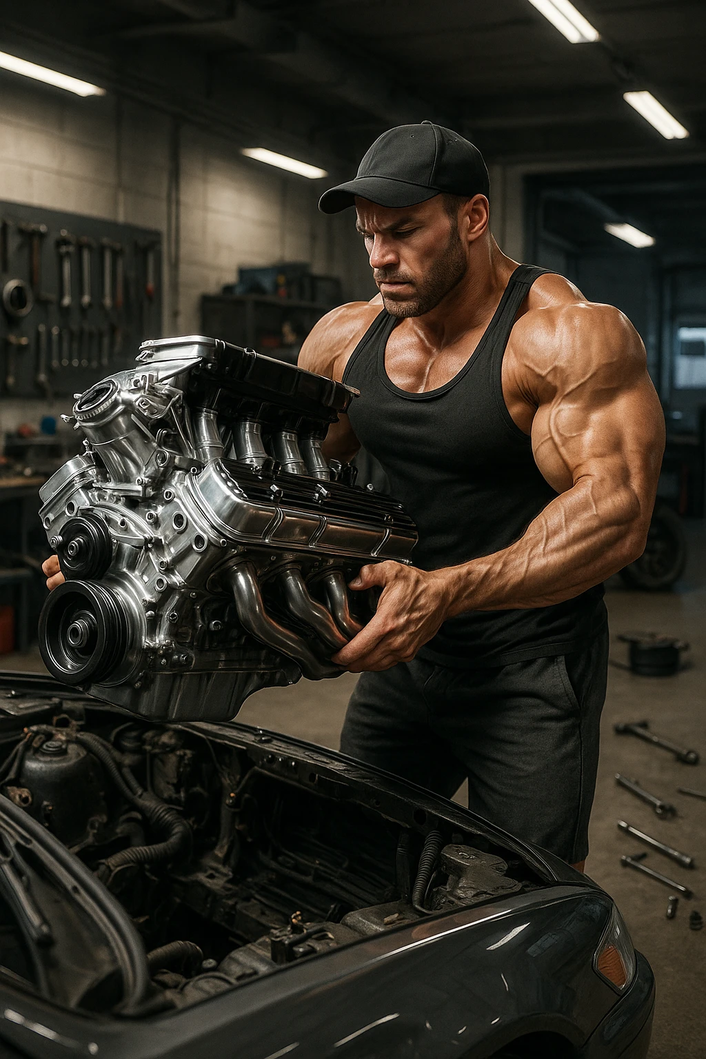 a muscular bodybuilder in gym attire stands next to a car with the hood open, lifting a large, shiny, high-performance engine with ease. His expression is focused and determined as he installs the new engine. The background is a modern garage, with tools and car parts scattered around, emphasizing strength and mechanical skill. emoji