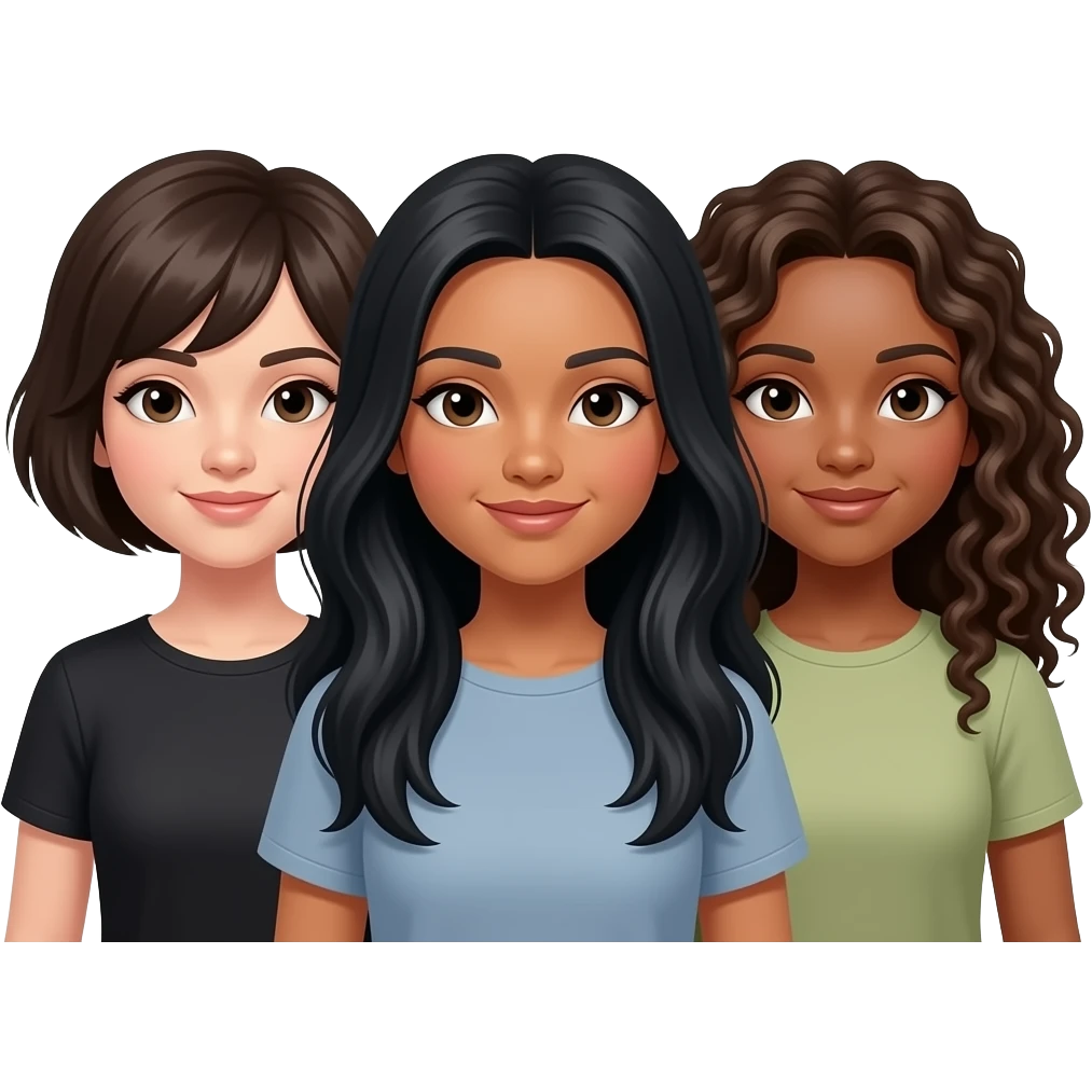 3 sisters one short dark hair one super long black hair one long curly hair emoji