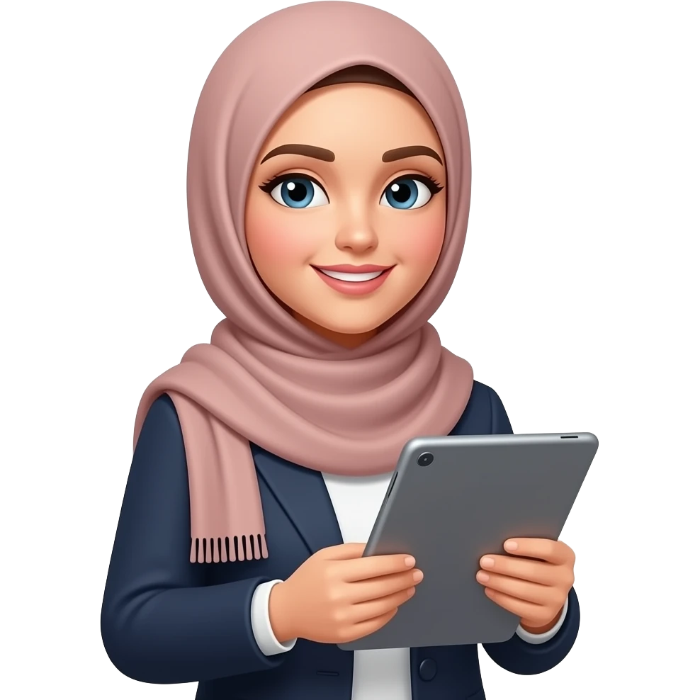 realistic beautiful woman wearing hijab holding Ipad emoji