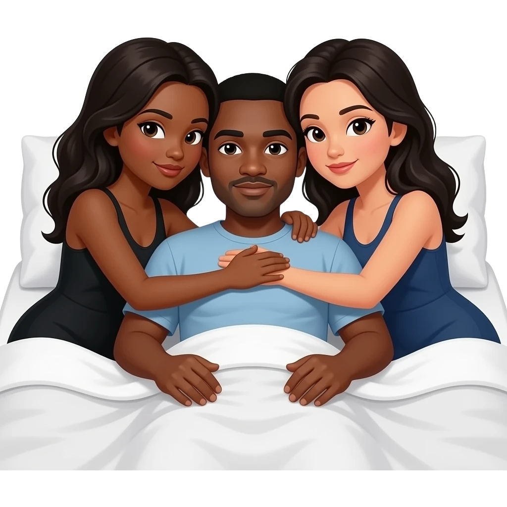 One fair skinned black male in between two black females hugging him laying down in bed emoji