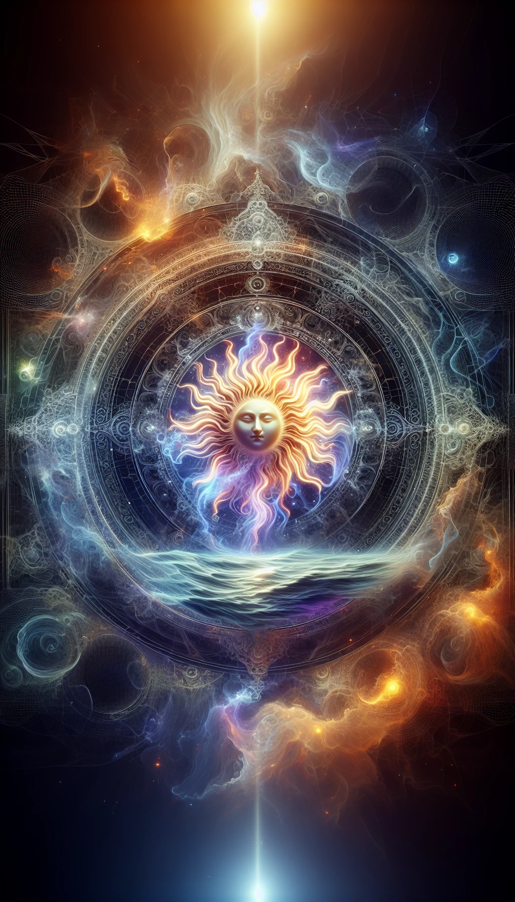 il sole è dio, sfondo mistico neutro chiaro, attorno al sole fluttua una magia mitologica, iperrealistico 4k emoji