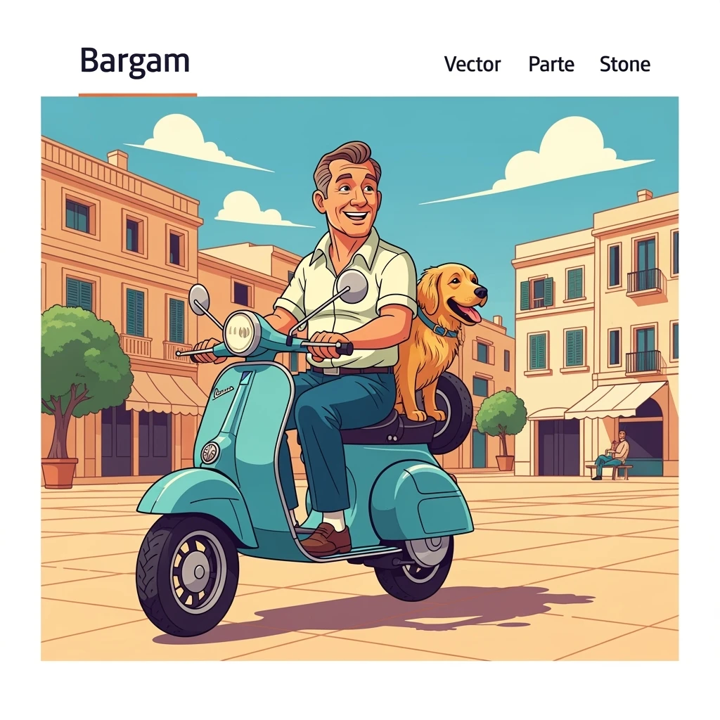gvector art of a man and his pet dog riding a vespa, for website design emoji