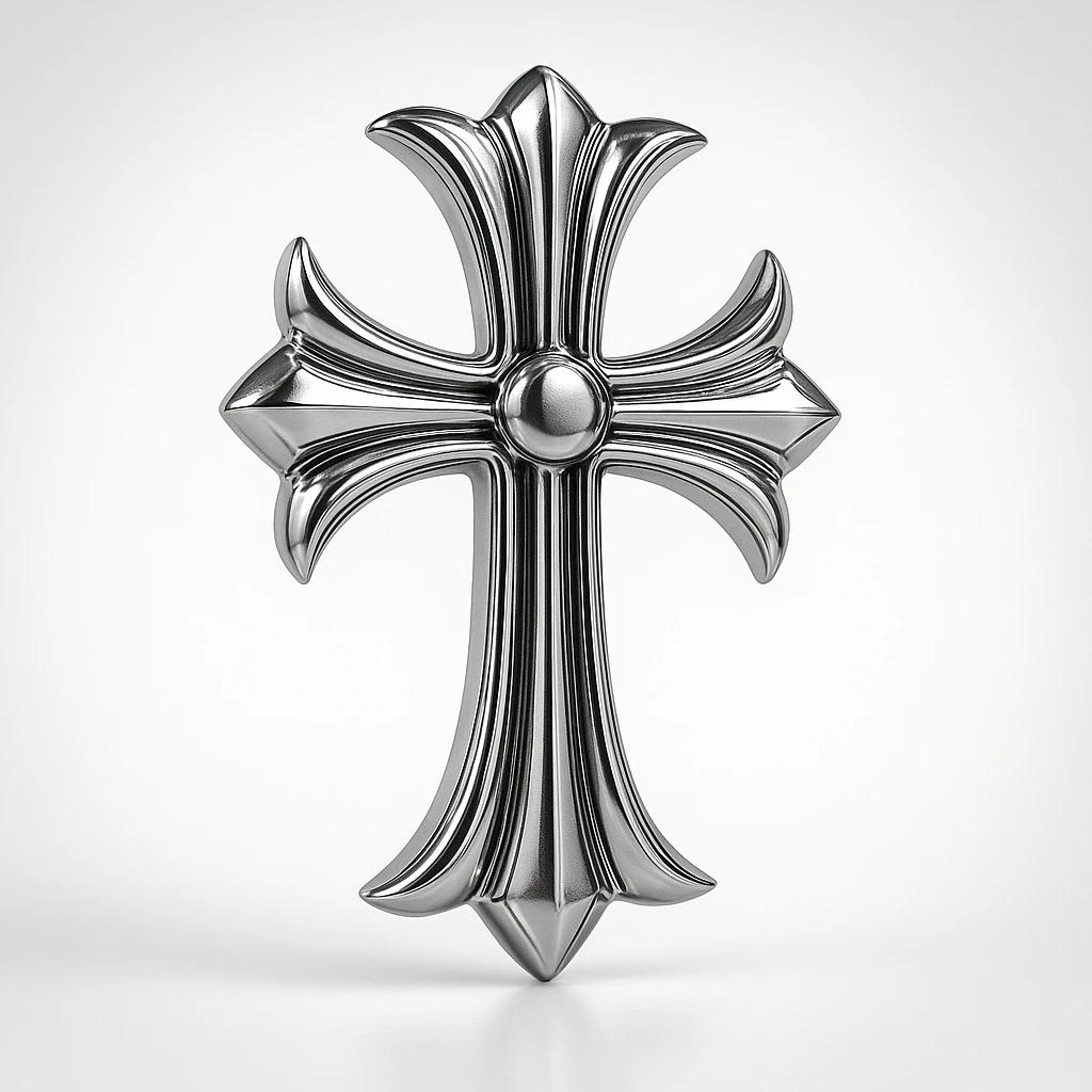 Chrome Hearts style cross, metallic chrome, bold gothic details, intricate edges, luxury jewelry vibe emoji