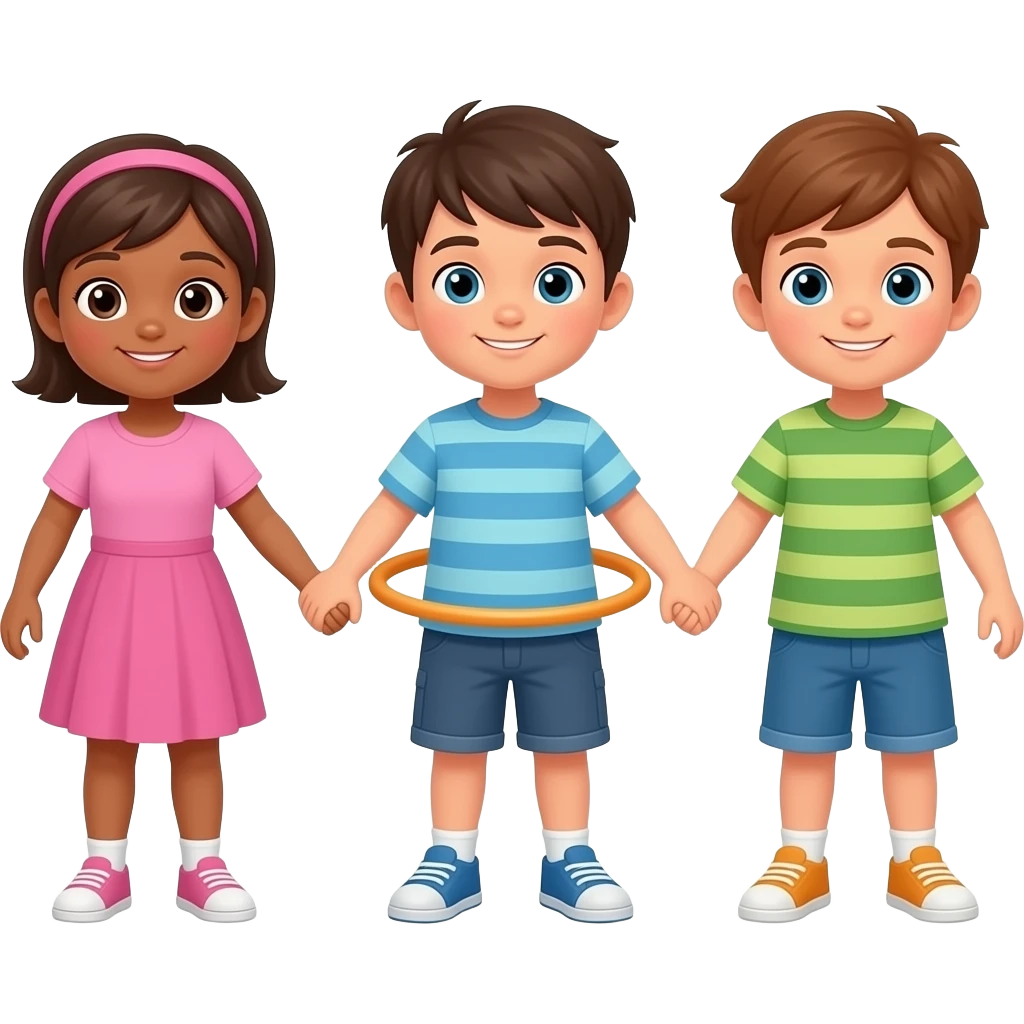 a lot of kids holding hands together and one kid has a hula hop round on him emoji