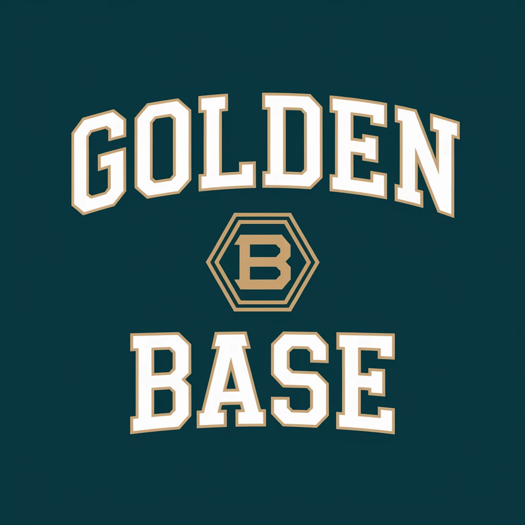 Replace the top word with Golden and the bottom word with base without changing the font and logo in the middle. emoji