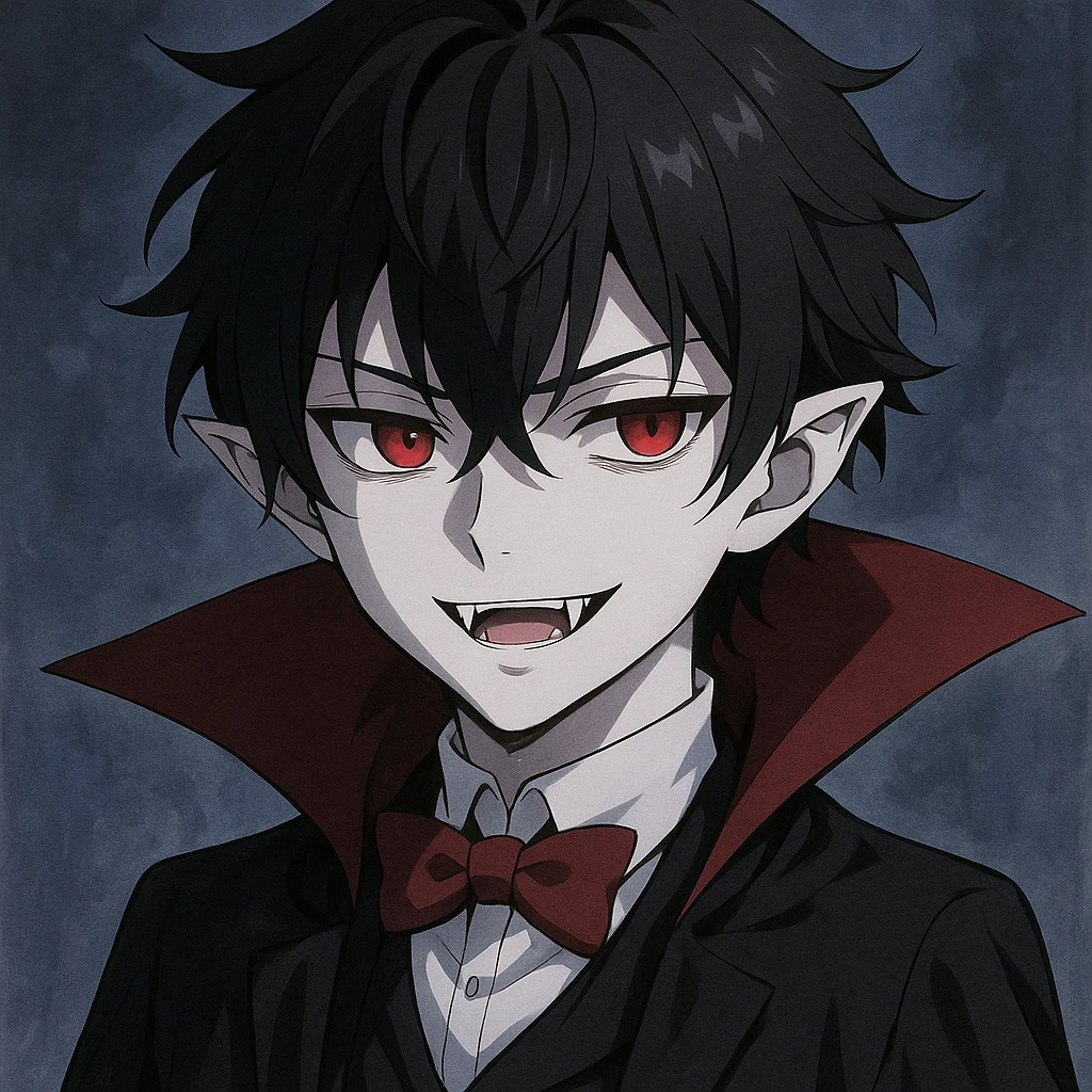 anime-style vampire boy, pale complexion, sharp teeth visible, red eyes emoji