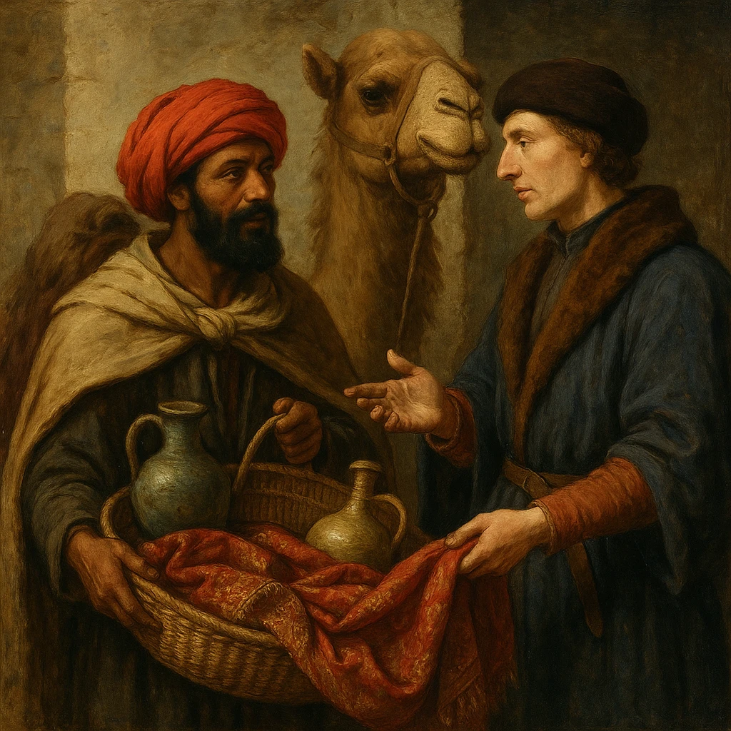 Сгенерируй в стиле реалистичной живописи как в средневековья человек с верблюдом предлагает европейцу товары emoji