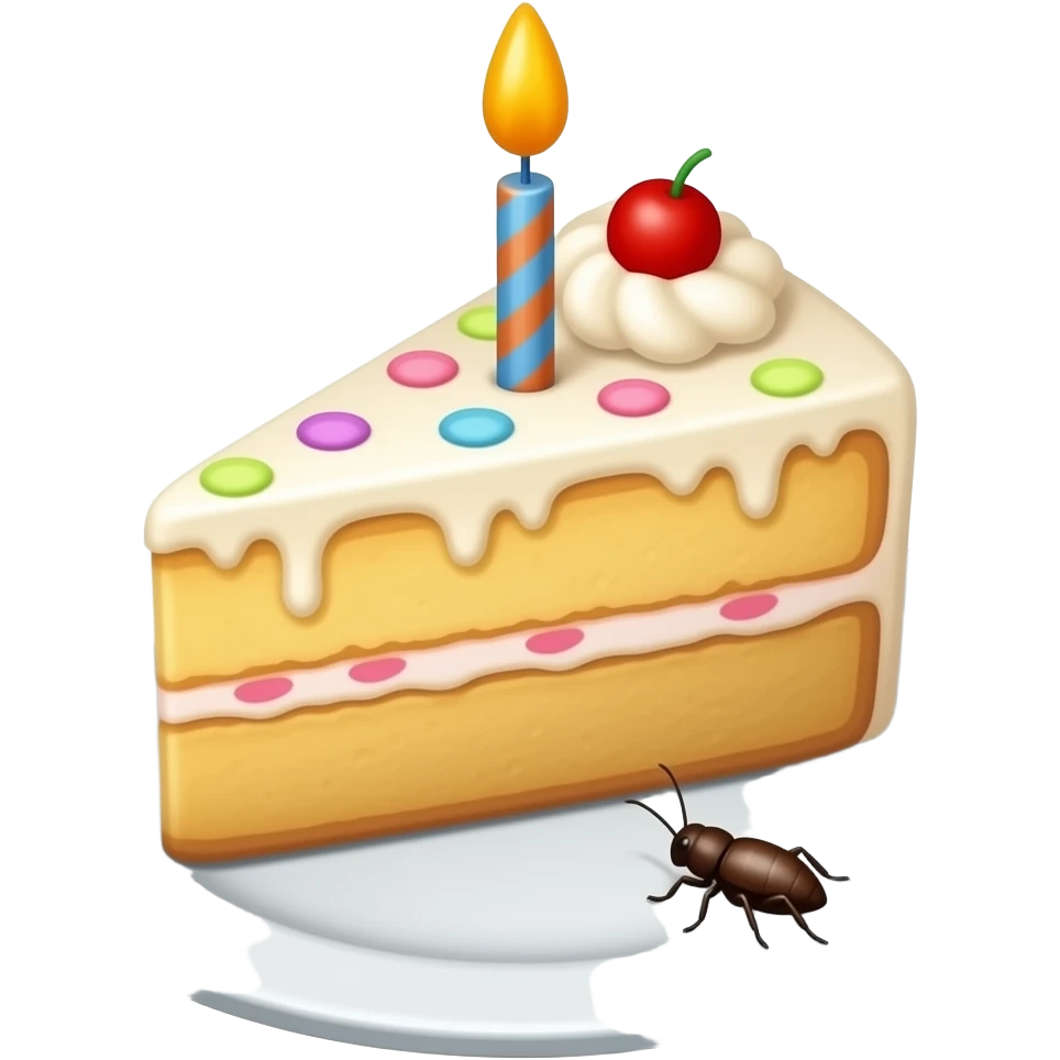 Detailed illustration of a slice of birthday cake with icing and one candle, sitting on a plate with a small insect crawling near or on the plate, warm dessert colors, painterly shading, transparent background, square, no text. emoji