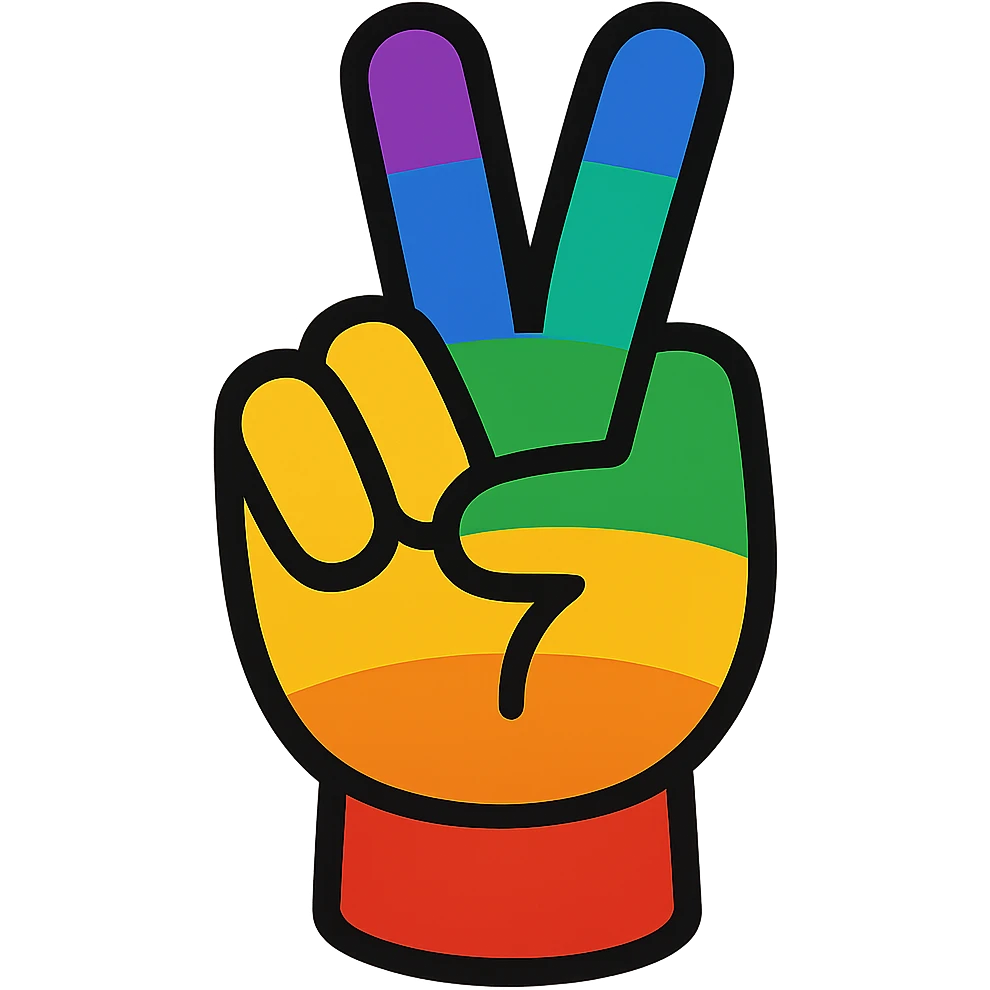 hand making a peace sign with a rainbow theme emoji