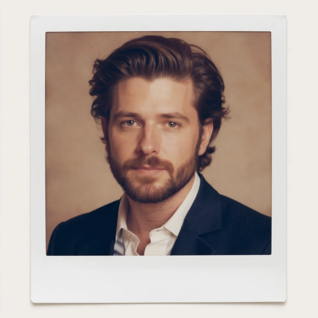 Polaroid style portrait illustration of Andrew Garfield with styled hair, beard, and a confident expression, warm tones, classic instant photo border, based on the reference photo. emoji