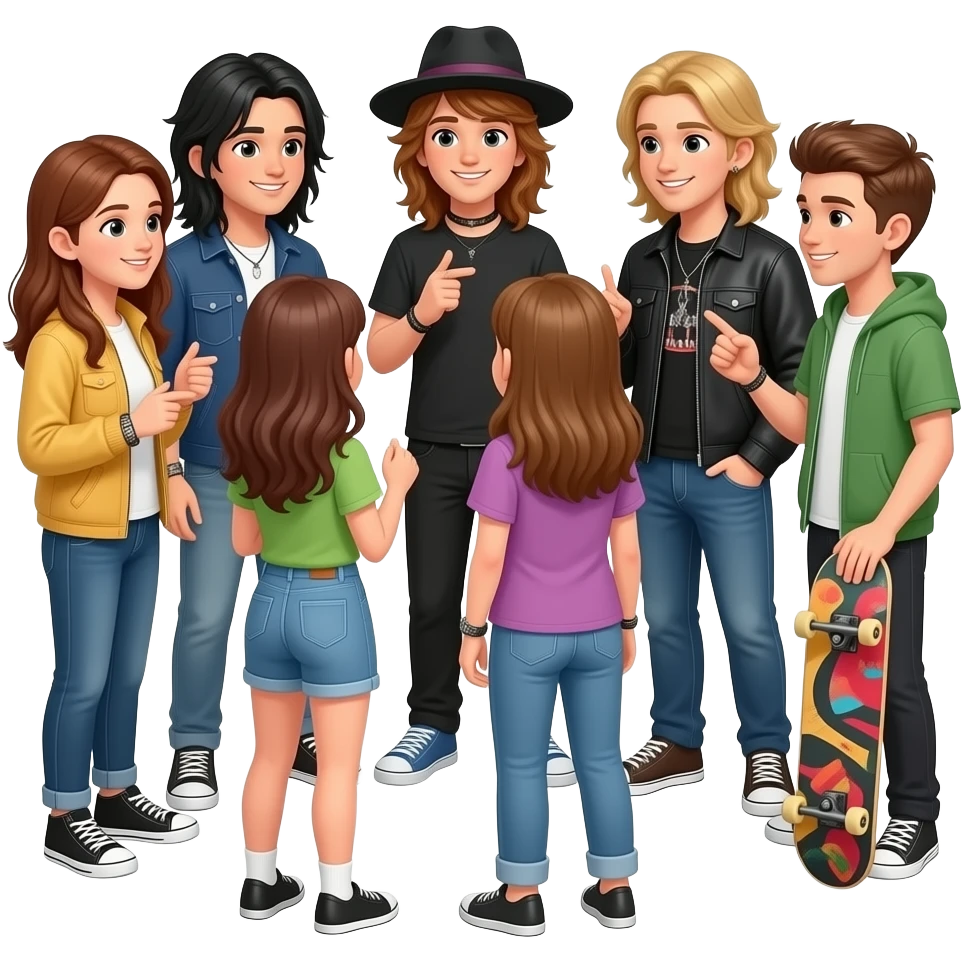 grupo de amigos jovenes, algunos con pelo largo, otro con gorra, uno emo, otro flogger, oro roquero, otro con patineta, hombres y mujeres charlando en ronda emoji
