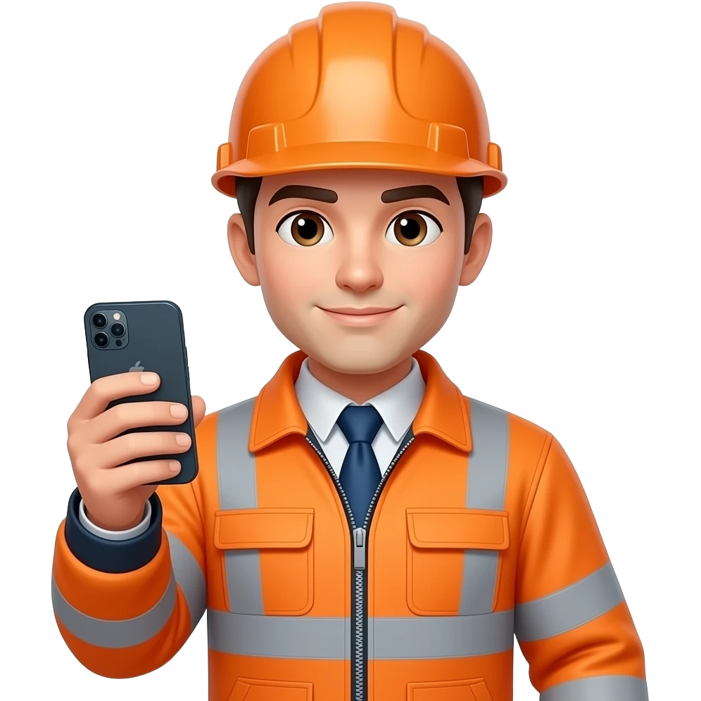 engineer in full Hi-vis orange clothing holding a mobile phone emoji