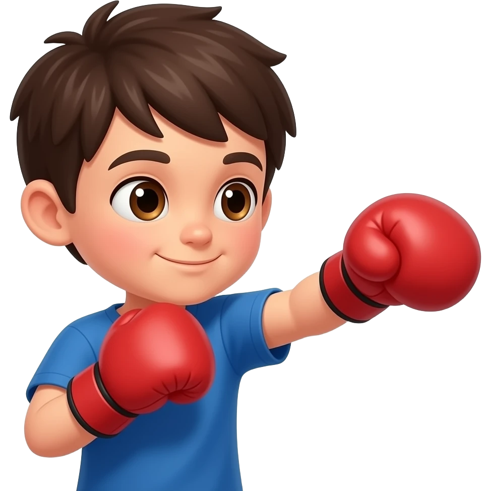 Niño 8 años entrenando boxeo pelo castaño oscuro ojos cafe emoji