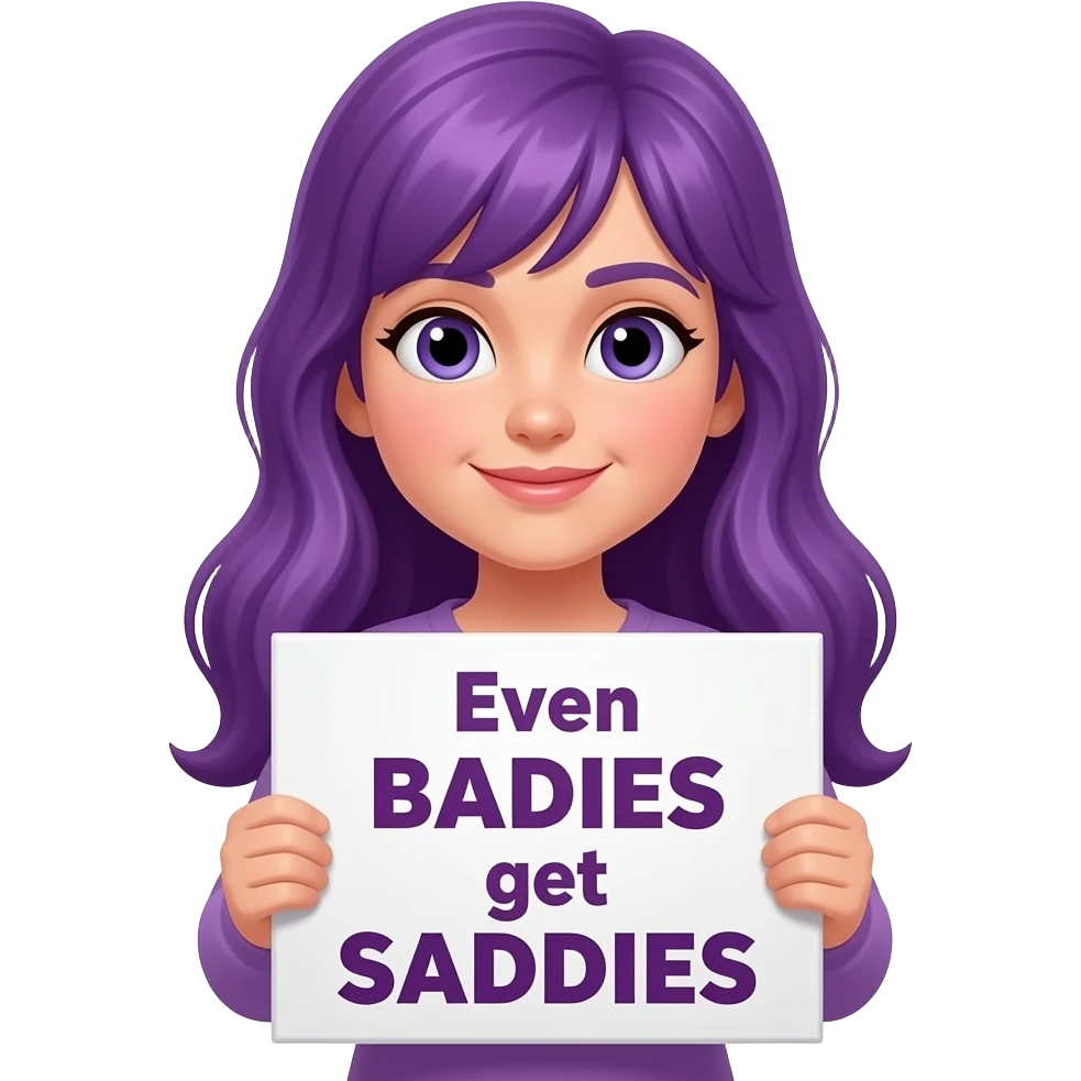 girl with long purple hair holding a Even BADIES get SADDIES sign emoji