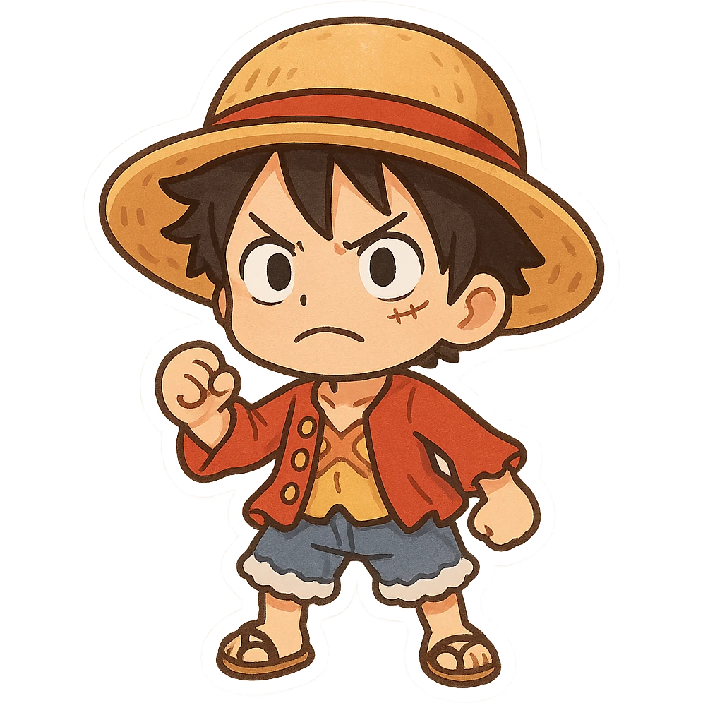 Luffy from One Piece, determined, cartoon chibi style emoji