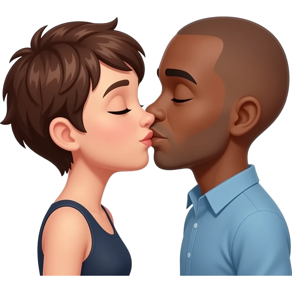 Short Caucasian woman with short dirty brond hair and a bald tallerbrown man kissing eachother emoji