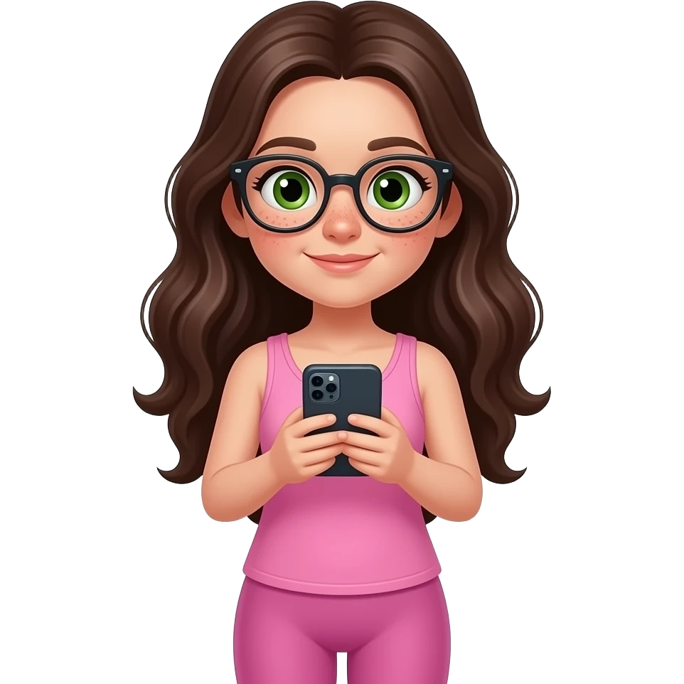 young girl in the style of iphone emoji people, fair skin, green eyes, glasses, freckles,long dark brown wavy hair, pink tank top and pink leggings, looking at the phone emoji