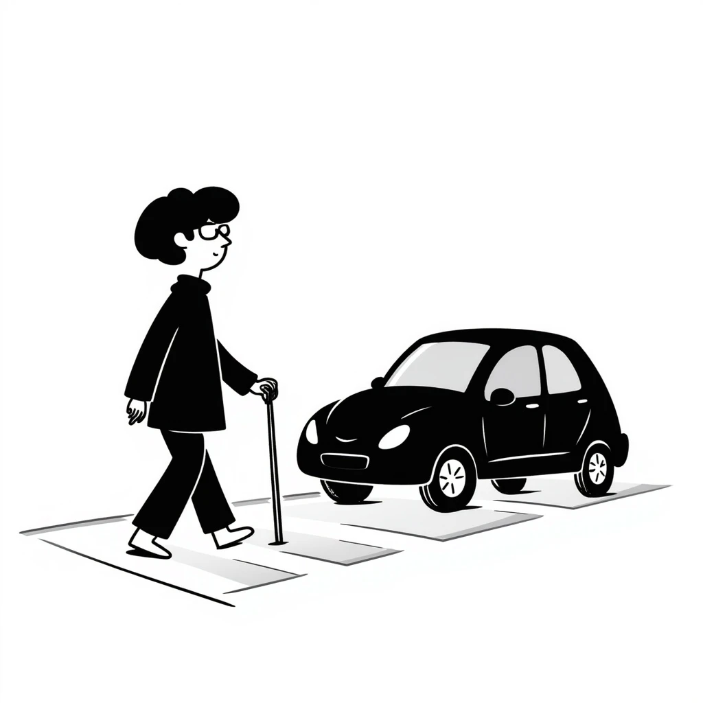a blind person with a white cane walking on a pavement, but a car is parked blocking the path, black doodle style emoji