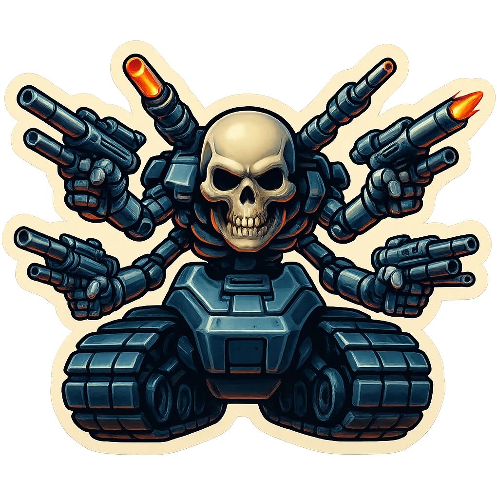 Create a skull robot tank inspired by the attached images, featuring a small skull face set low and forward, four mechanical arms equipped with guns and blasters, in a menacing and aggressive pose. Use extra shiny silver-grey metal with almost black inner tech. The proportions should be compact and wide. Render in retro stickers style with a clean outline and transparent background. emoji