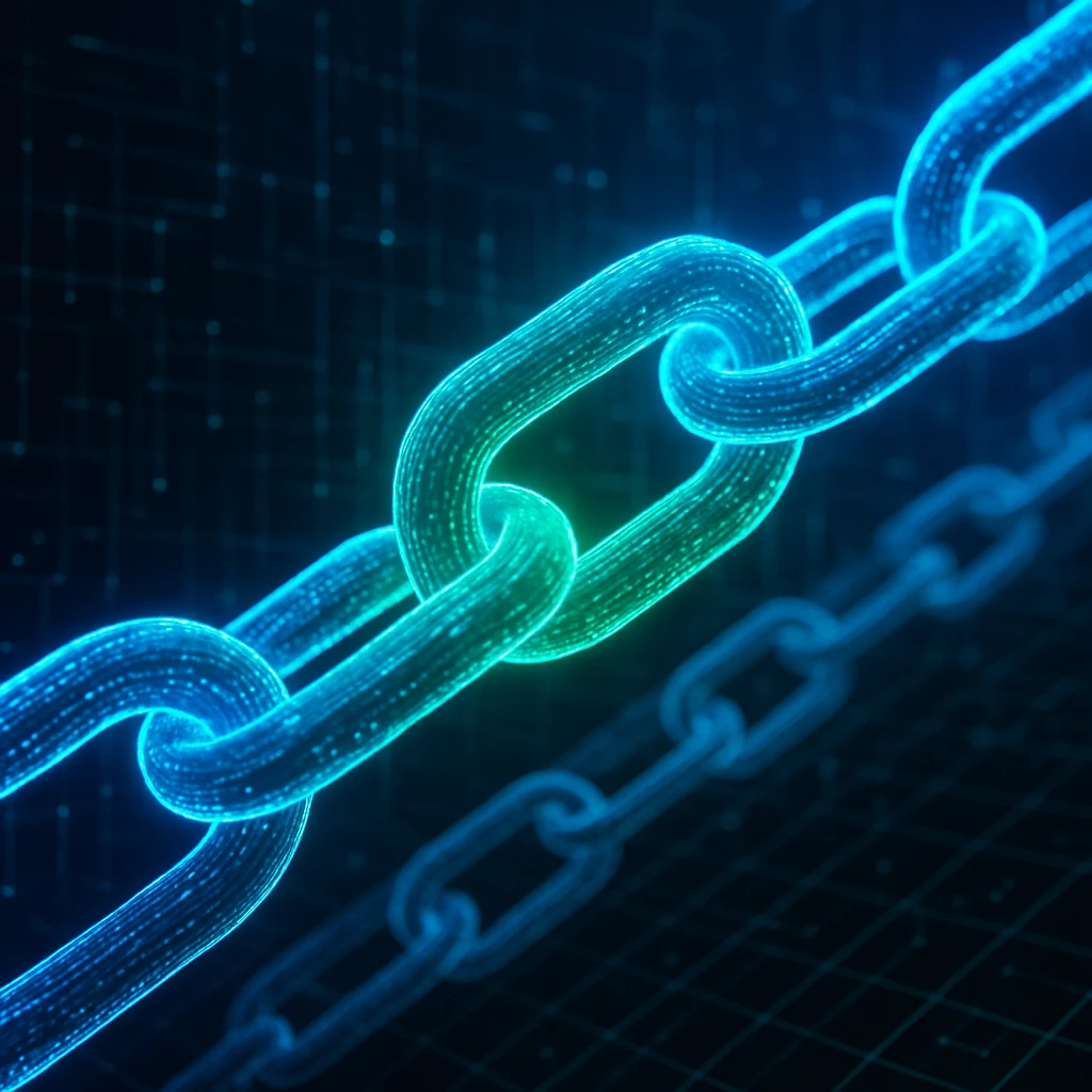 futuristic glowing chains blockchain illustration with digital grid background emoji