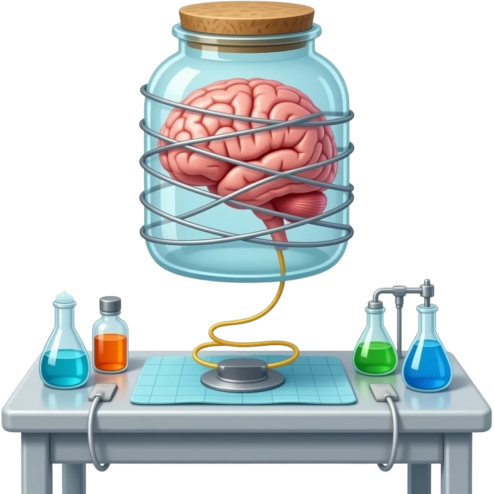 steampunk style - a brain placed in medical preparations that is connected to an electrical circuit, a glass jar wrapped in high-voltage wires floats above the autopsy table emoji