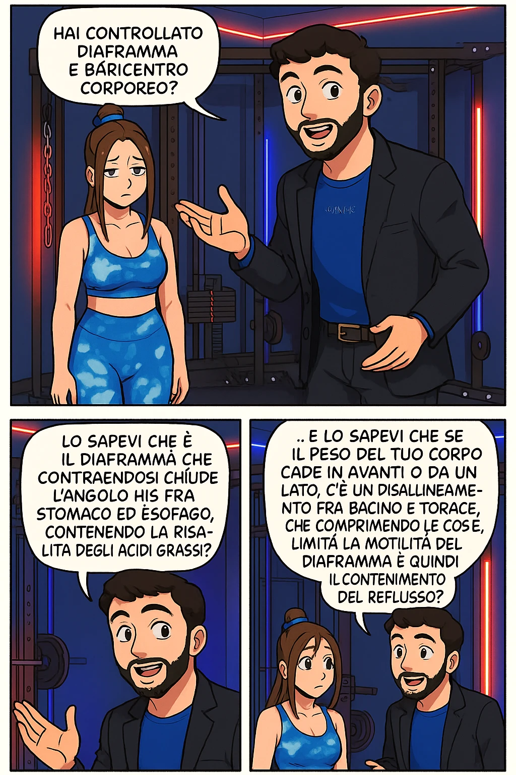 TRASFORMA QUESTO CAROSELLO IN UN FUMETTO STILE WEBTOON/MANGA A COLORI CON QUESTE DUE PERSONE IDENTICHE CHE INTERLOQUISCONO TRA LORO, L'uomo sta spiegando alla donna questo concetto:

LUI (UOMO): Hai controllato diaframma e baricentro corporeo?
LUI (UOMO): Lo sapevi che è il diaframma che contraendosi chiude l’angolo his fra stomaco ed esofago, contenendo la risalita degli acidi grassi?
LUI (UOMO): …e lo sapevi che se il peso del tuo corpo cade in avanti o da un lato, c’è un disallineamento fra bacino e torace, che comprimendo le coste, limita la motilità del diaframma e quindi il contenimento del reflusso? emoji