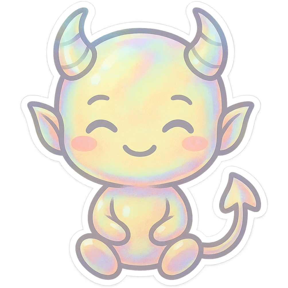 devil emoji, chibi style, holographic effect, iridescent pale yellow and peach, elegant horns, sweet smile emoji